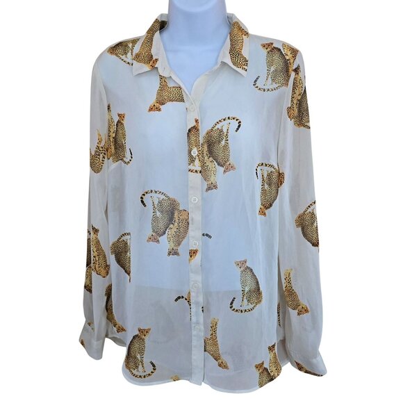 Sheer Cheetah Print Button-Down Long Sleeve Blouse animal print mob wife - Picture 1 of 7
